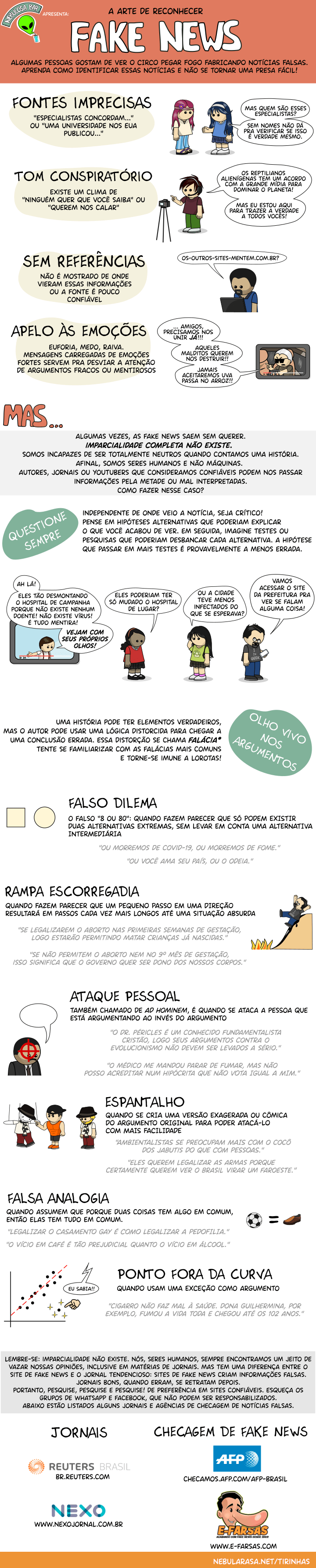 Cartilha sobre fake news contendo informações sobre notícias falsas e falácias.