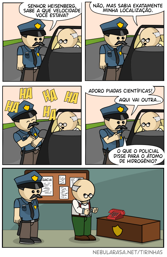Policial: Senhor Heisenberg, sabe a que velocidade você estava? Heisenberg: Não, mas sabia exatamente minha localização. Heisenberg e policial riem profusamente. Policial: Adoro piadas científicas! Aqui vai outra: o que o policial disse para o átomo de hidrogênio? Heisenberg, preso, entende que assim como o átomo de hidrogenio, ele tinha direito a uma ligação.