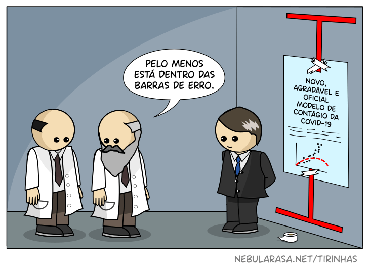 Dois cientistas olham para um empresário e seu poster escrito Novo, Agradável e Oficial Modelo de Contágio da Covid-19. O poster contém um gráfico de pontos subindo e uma curva de estimativa descendo. Há duas barras de erro gigantes coladas com fita-crepe no poster. Um dos cientistas diz: Pelo menos está dentro das barras de erro.